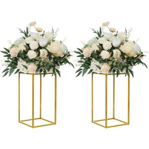 YALLOVE 2 Pack 15.75 Inch Gold Wedding Flower Stand Metal Vase Column Stand Geometric Centerpiece Vase for Home Party Wedding Decorations, Rectangular Flower Display Rack