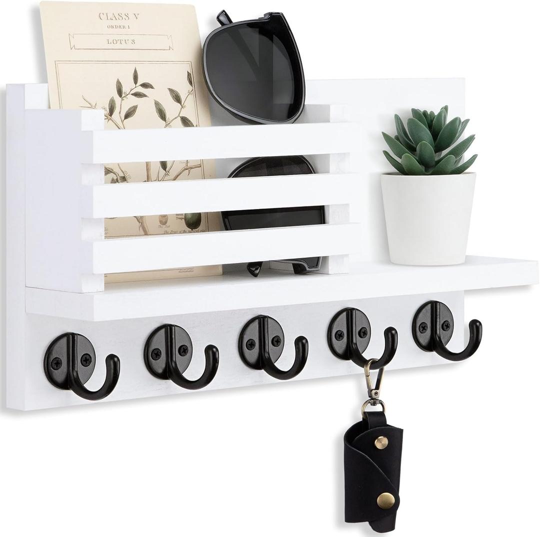 Lwenki Key Holder for Wall  Decorative Wooden Mail Holder and Key Shelf with Mounting Hardware, Installation Guide  Paulownia Wood with Metal Key Hooks (White, Large - 11.8inch)