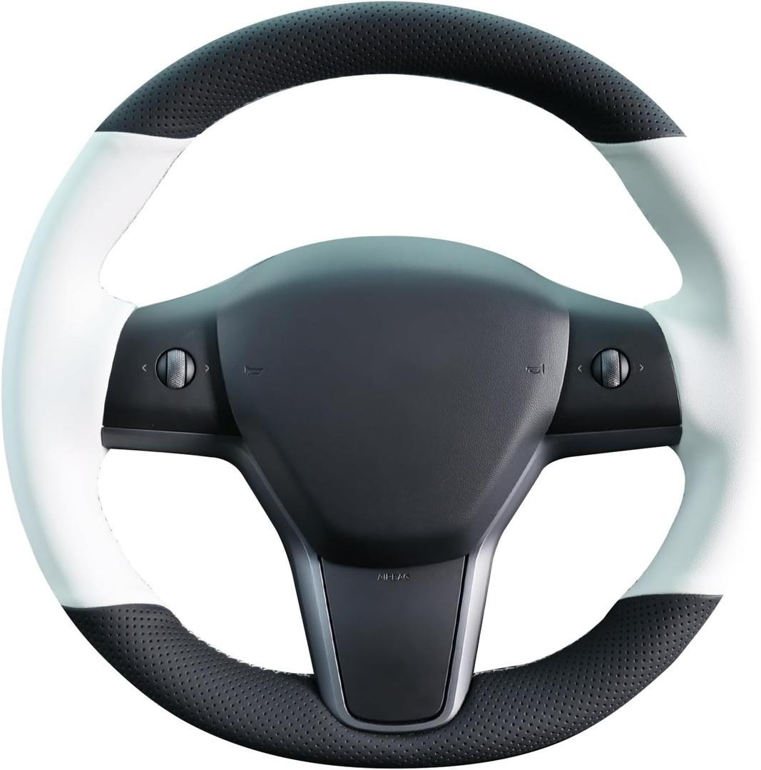 MEWANT Hand Stitched White Leather Tesla Model 3 Steering Wheel Cover for Tesla Model 3 2017-2023 / Model Y 2020-2023 for Tesla Model 3/Y Accessories