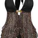 BEAUDRM Women's Y2k Cheetah Print Halter Tops Leopard Tie Back Vintage Metal Corset Party Club Rave Top S
