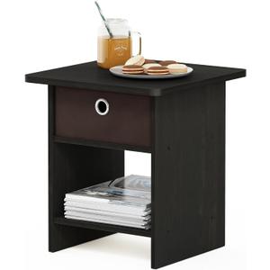 Furinno DARIO Side Table, Square End Table with Storage Bin, Round Corner Night Stand, Bedside Table with Open Back Shelf, for Living Room, Bedroom, Espresso