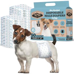 Dr Pol Dog Diapers for Male Dogs | Disposable Pet Diapers with Wetness Indicators | Adjustable Fit | Leak Protection & Super Absorbent | Perfect for Heat Cycles & Training Accidents | Pack of 50 (XS Waist Size 6 - 13 in)