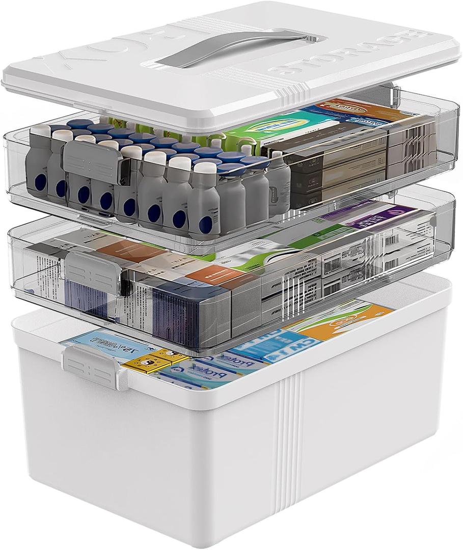 3 Tier Medicine Cabinet Organizer Large Capacity Medicine Box with Handle, Plastic First Aid Box Empty Multipurpose Medical Supply Organizer with Removable Tray, White