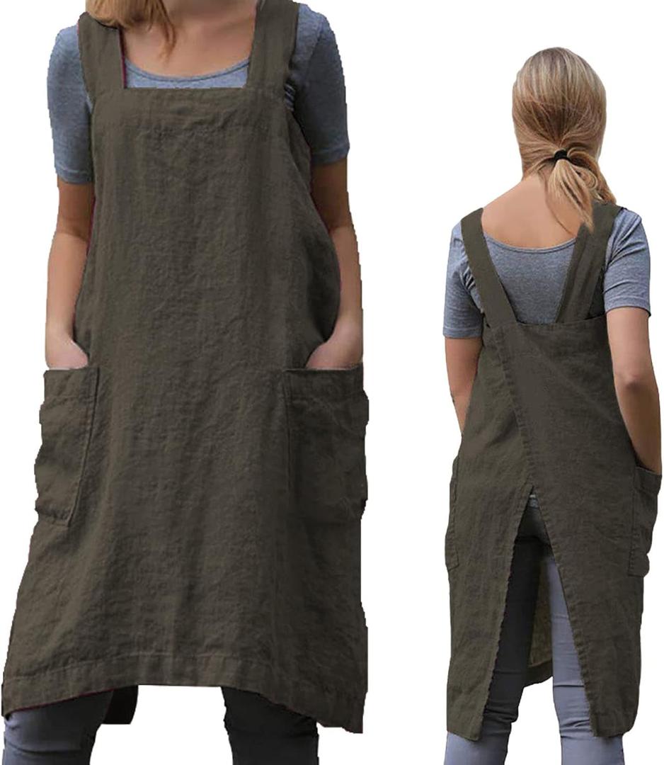 ZQFFB Pinafore Cross Back Apron for Women with Pockets Japanese Smock for Work Gardening Cooking Painting Baking (Large, Green)