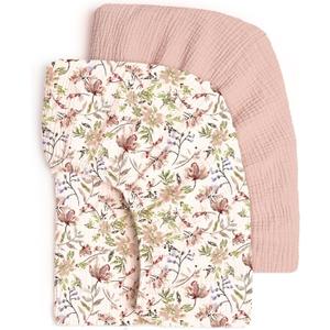 lulumoon Fitted Crib Sheets 2-Pack: Soft Muslin Cotton for Standard Crib - Boho Floral Print for Baby Girls Nursery Bedding & Gift (Nudepink & Flower)