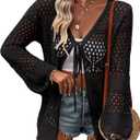 Women Crochet Cardigan Lightweight Tie Front Hollow Out Long Sleeves Summer Knit Cover Cardigans (Black, L)