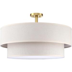 2 Tier LED Cream Drum 24" Drum Fabric Gold Farmhouse Semi Flush Mount Light