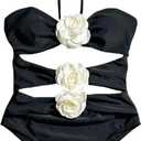 Women's One Piece Halter Top with Flower Decoration Bikini Bathing Swimsuits (Black)
