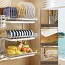Dish Rack Wall Mounted, Hanging Dish Drying Rack,3 Tier Stainless Steel Dish Rack, Adjustable Length Drain Rack. with Drain Tray, Hooks Silvery
