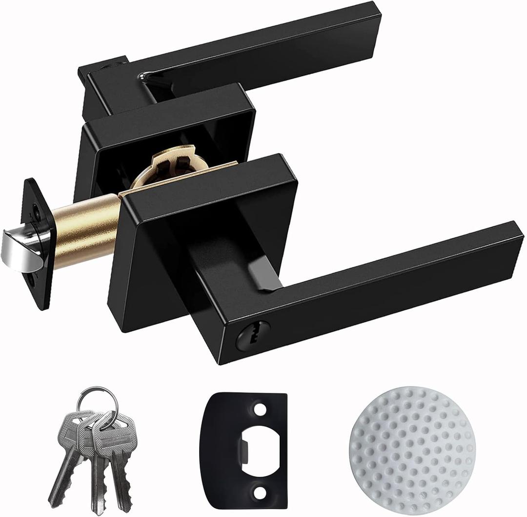 Matte Black Door Handle Heavy Duty, Keyed Alike Entry Door Lever, Door Knobs with Lock and Key, Square Door Lever for Bedroom, Bathroom and Front Door