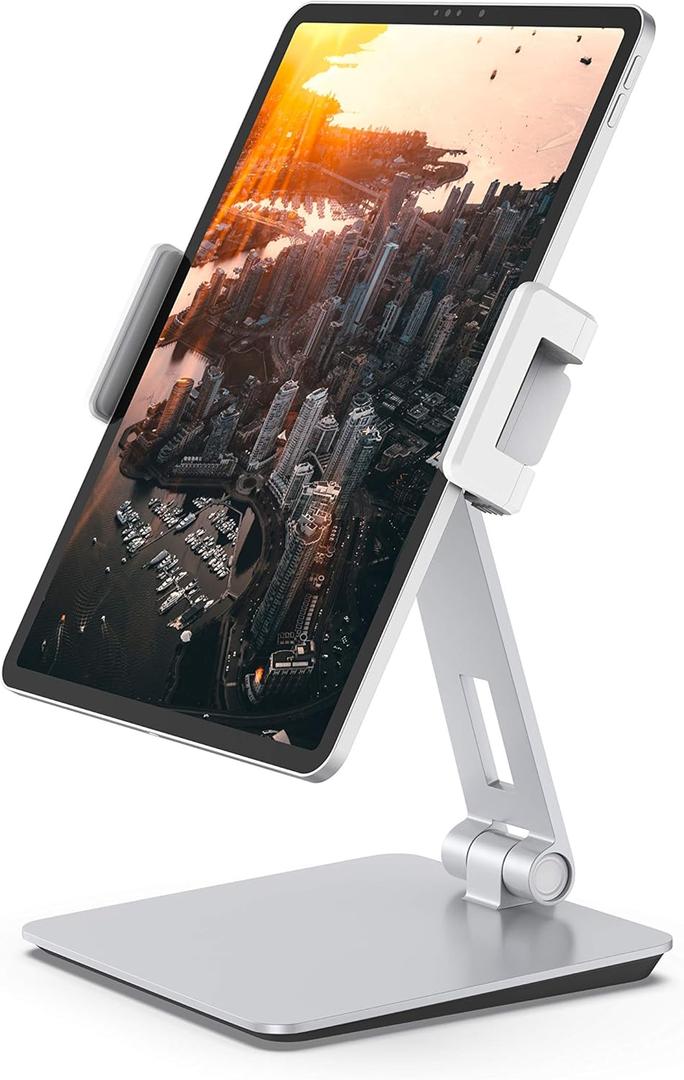 Maxonar Tablet Stand for Desk, 360 Adjustable Aluminum Alloy Swivel iPad Charging Tablet, iPad Pro Air Mini Tablet Holder for Bed Store POS Showcase Kitchen Office Drawing Desktop (6-13''), Silver