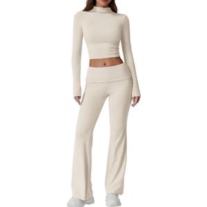 QINSEN Womens 2 Piece Lounge Sets Mock Neck Long Sleeve Tops with Side Ruched Fold Over Flare Pants Comfy Tracksuits (Large, Beige)