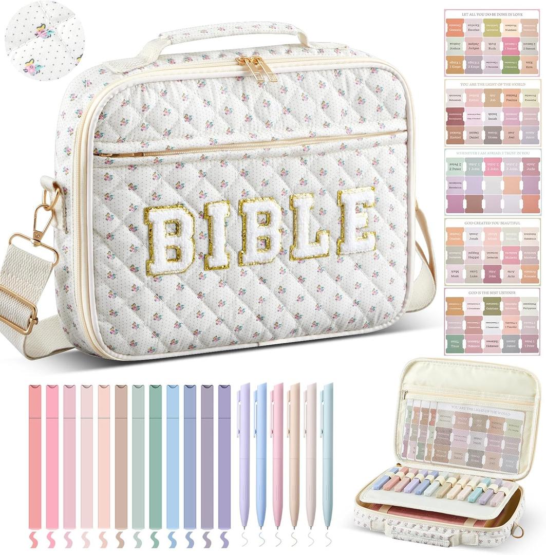 Quilted Bible Cover Case for Women 12 x 9 x 2.5 Inch Chenille Letter Bible Bag with Shoulder Strap Carrying Bags with Tabs 6 Colored Pens 12 Highlighters Christian Church Study Gifts(Bee,Beige)