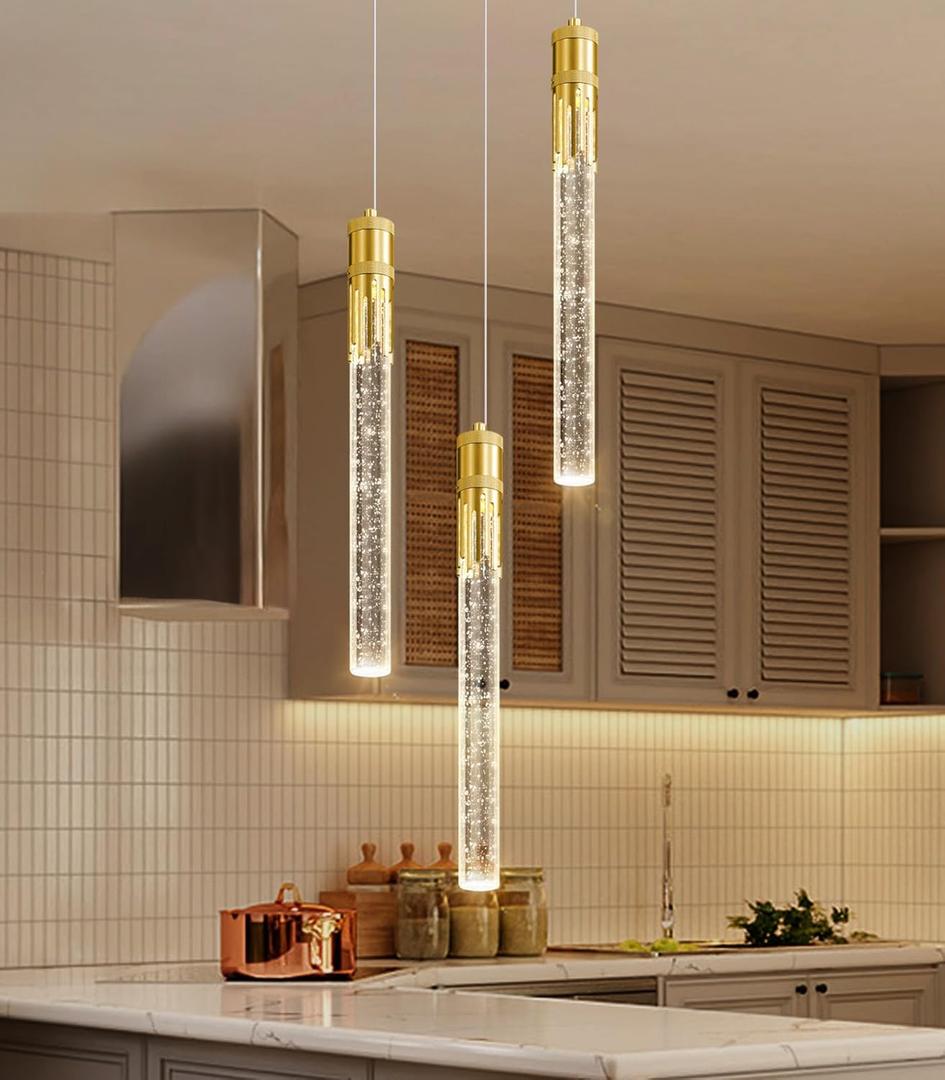 3-Lights Glam Crystal Linear Ceiling Pendant Lighting for Kitchen Modern Chandelier Living Dining Room Antique Gold LED Dimmable Lights