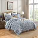 Blue Floral King Quilt Set - 100% Cotton Farmhouse Reversible Quilt Bedding Set - Blue and Light Gray Luxury Elegant Cottage Quilts - Lightweight Bedspreads for All Season 3 Piece