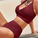 Herseas Women's Textured Bikini Sets Twist Front Top Swimsuits High Waisted Bathing Suits (Red, XL)