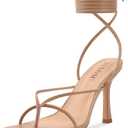 ISNOM Lace Up Heels Sandals for Women, Square Toe, Open Toe Thong, Stiletto Heels Design (8.5, Matte Nude)
