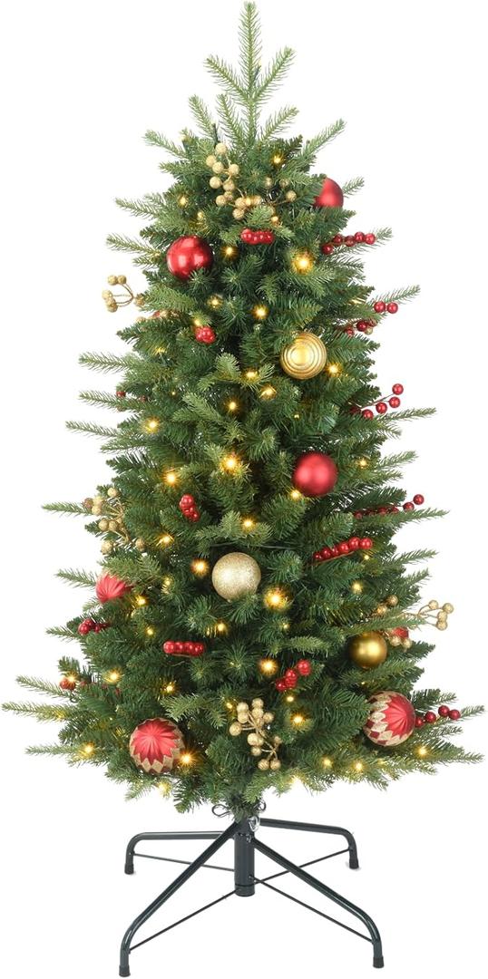 4ft Prelit Artificial Small Christmas Tree with Warm White Multi-Color LED Lights, Timer Battery Operated, Stand Balls & Pine Cone Slim Pencil Decoration Tree for Indoor/Outdoor (Red Gold)