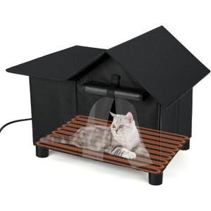 Large Heated Cat House for Outside, Elevated Outdoor Heated Cat House Weatherproof, Warm Feral Cats Shelter with Thermostatic Heating Pad, Easy Assemble Cats Shelters for Kittys (Black)