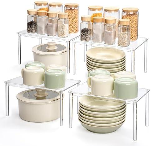 Bobomoment Acrylic Cabinet Organizer, Set of 4 Spice Rack Organizer for Cabinet, Desk Countertop Shelf Organizer, Pantry Kitchen Storage and Organization, Stackable Shelves House Essentials for Gift