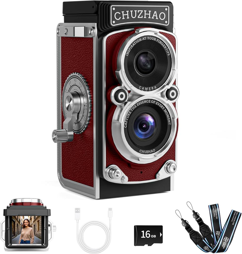 CHUZHAO Mini Retro Digital Camera - Vintage TLR Style Point and Shoot Auto Focus Vlogging Camera, Compact & Portable, 16GB Card Included, Ideal for Beginners, Teens, Adults Red