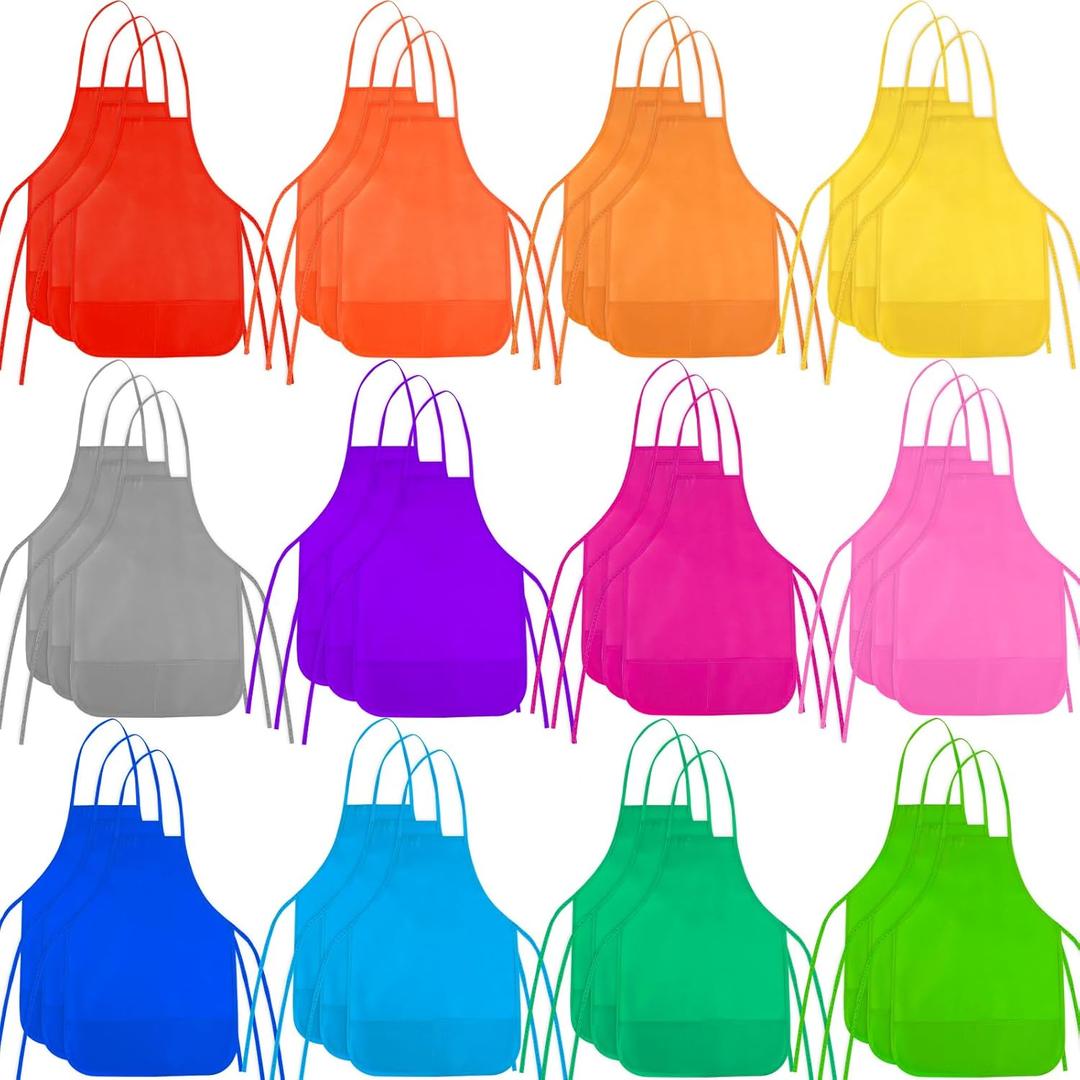 36 Pieces 12 Colors Kids Painting Aprons Kids Art Aprons with 2 Roomy Pockets for Art Painting Activity Kitchen Crafts (Multicolor)