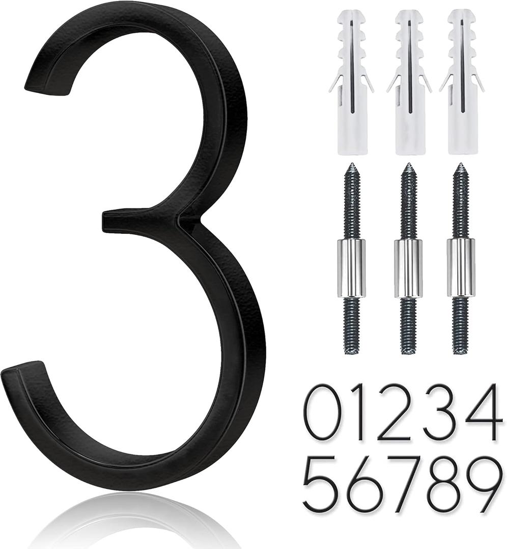 5" Stainless Steel Floating House Number, Metal Modern House Numbers, Garden Door Mailbox Decor Number with Nail Kit, Coated Black, 911 Visibility Signage (3)