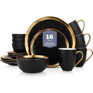 Stone Lain Florian Modern Porcelain 16 Piece Dinnerware Set, Plates and Bowls Set, Dish set for 4, Black And Golden Rim