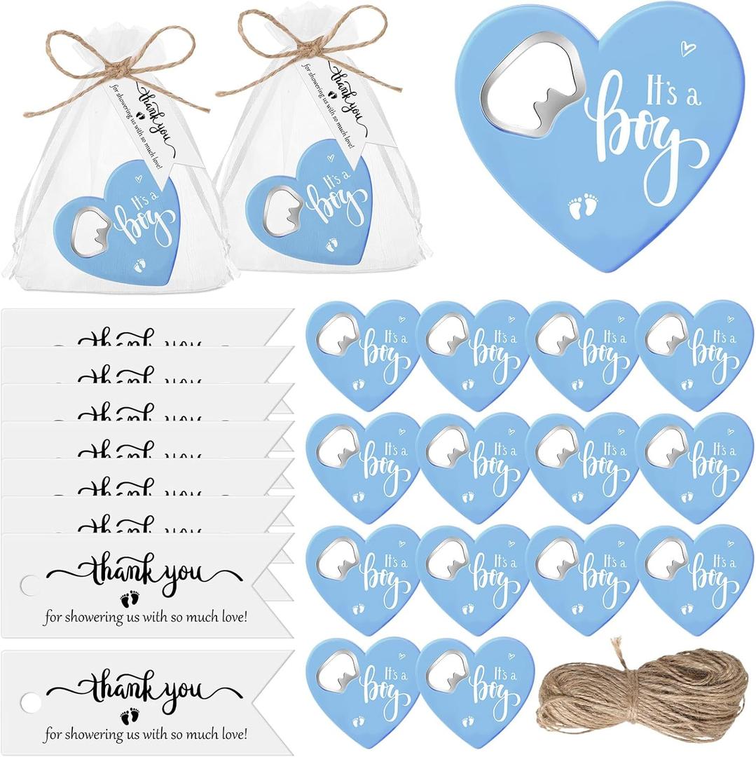Funnymoom 25 Sets Baby Shower Favors for Guests Include 25 Heart Shaped Bottle Opener Fridge Magnet 25 Thank You Tags with Organza Bag and Twine Gender Reveal Gift Return Gift Baby Shower (Blue)