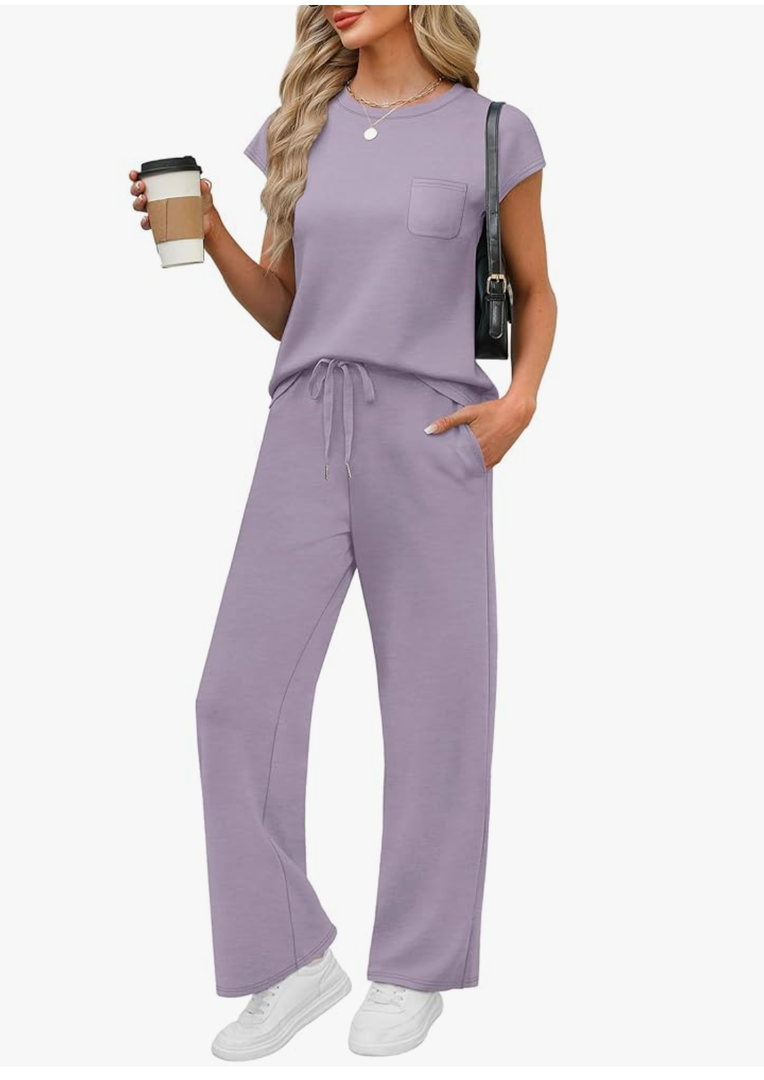 2 Piece Sets for Women Casual Summer Travel Vacation Outfits Cap Sleeve Lounge Set purple S