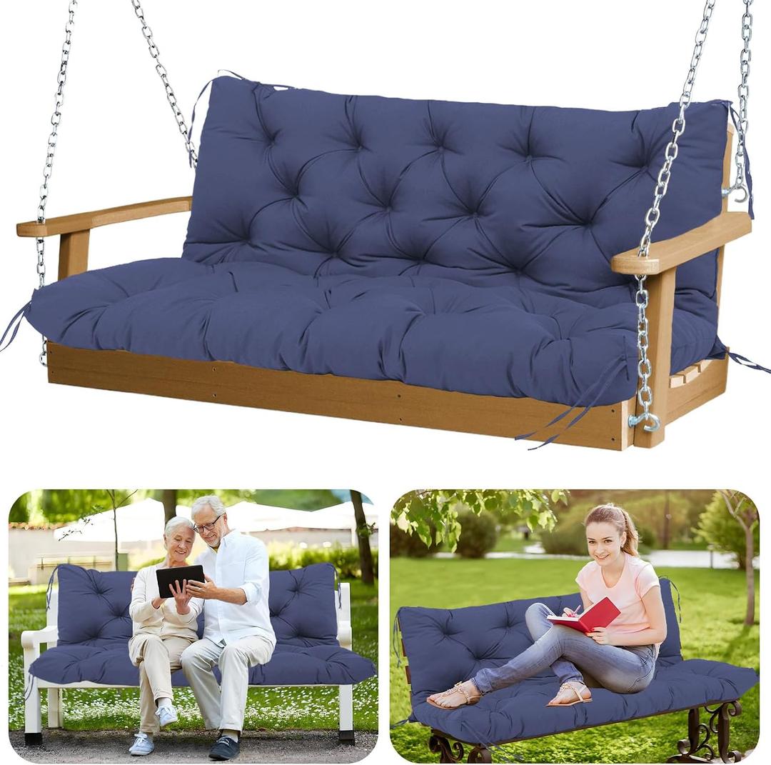 Porch Swing Cushions Outdoor 60 inch Waterproof Thicken 5" Backyard Swing Cushion with Backrest and Ties 2-3 Seat Outdoor Swing Cushions Replacement for Porch Patio Garden Lawn(Navy Blue), 60x40x5inch