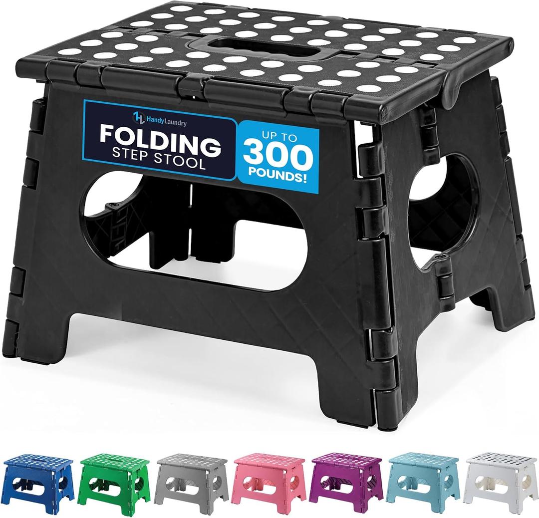Handy Laundry Folding Step Stool - Sturdy Enough Collapsible Stool to Support Adults and Safe Enough for Kids - Opens Easy with One Flip - Great for Kitchen, Bathroom or Bedroom (Black - 9 Inch)