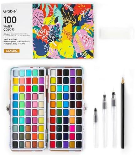 Grabie® 100 Colors Watercolor Paint Set - 50 Regular, 35 Metallic, 10 Macaron and 5 Fluorescent Colors - Portable with Carrying Case, Water Brush Pens, and Accessories - For Beginners and Professionals