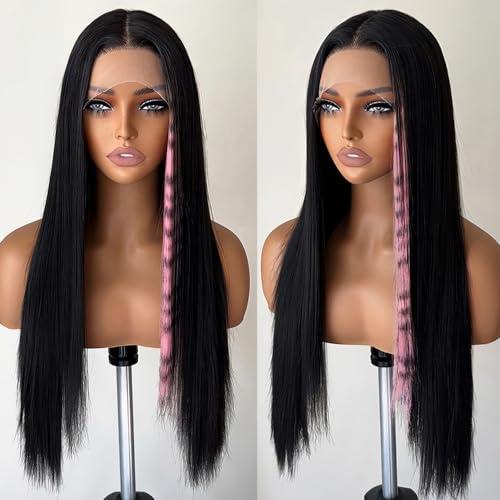 FABÉLLE Pink Print Wig Lace Front Wigs Glueless Wig Leopard Print Straight Wigs for Women Pre Plucked with Baby Hair 26 Inch Pink Color Forehead Synthetic Lace Front Wig