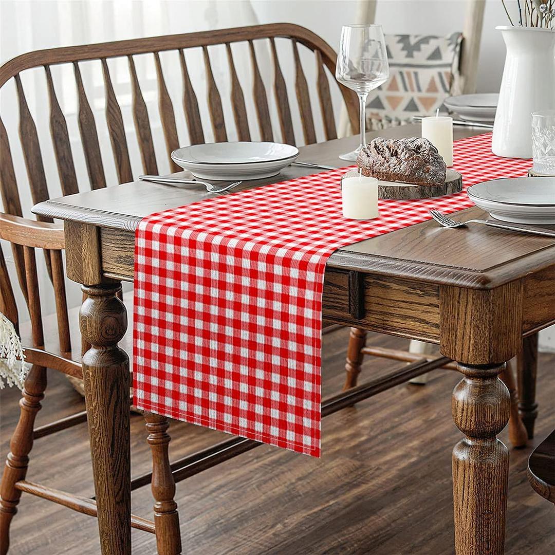 Gingham Print Table Runner 13X108 Inch,Red and White Checkered Geometric Modern Table Runners,Modern Vintage Style Grid Plaid Kitchen Dining Table Decoration for Home Party Decor,Waterproof