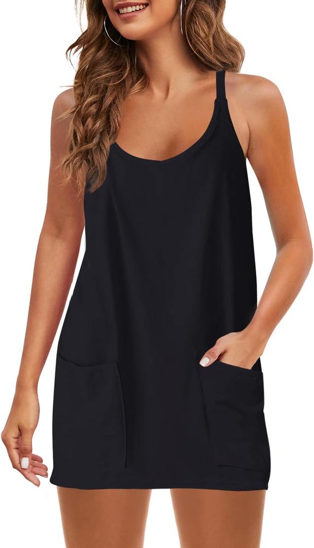 Panadila Womens Summer Sleeveless Mini Dress V Neck Spaghetti Strap Sundress Athletic Short Dress with Pockets (Black, M)
