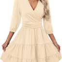 PerZeal Women's Wrap V Neck 3/4 Sleeve Wedding Guest Dress Elastic Waist Tiered Belted Ruffle Hem Mini Dress (Beige, S)