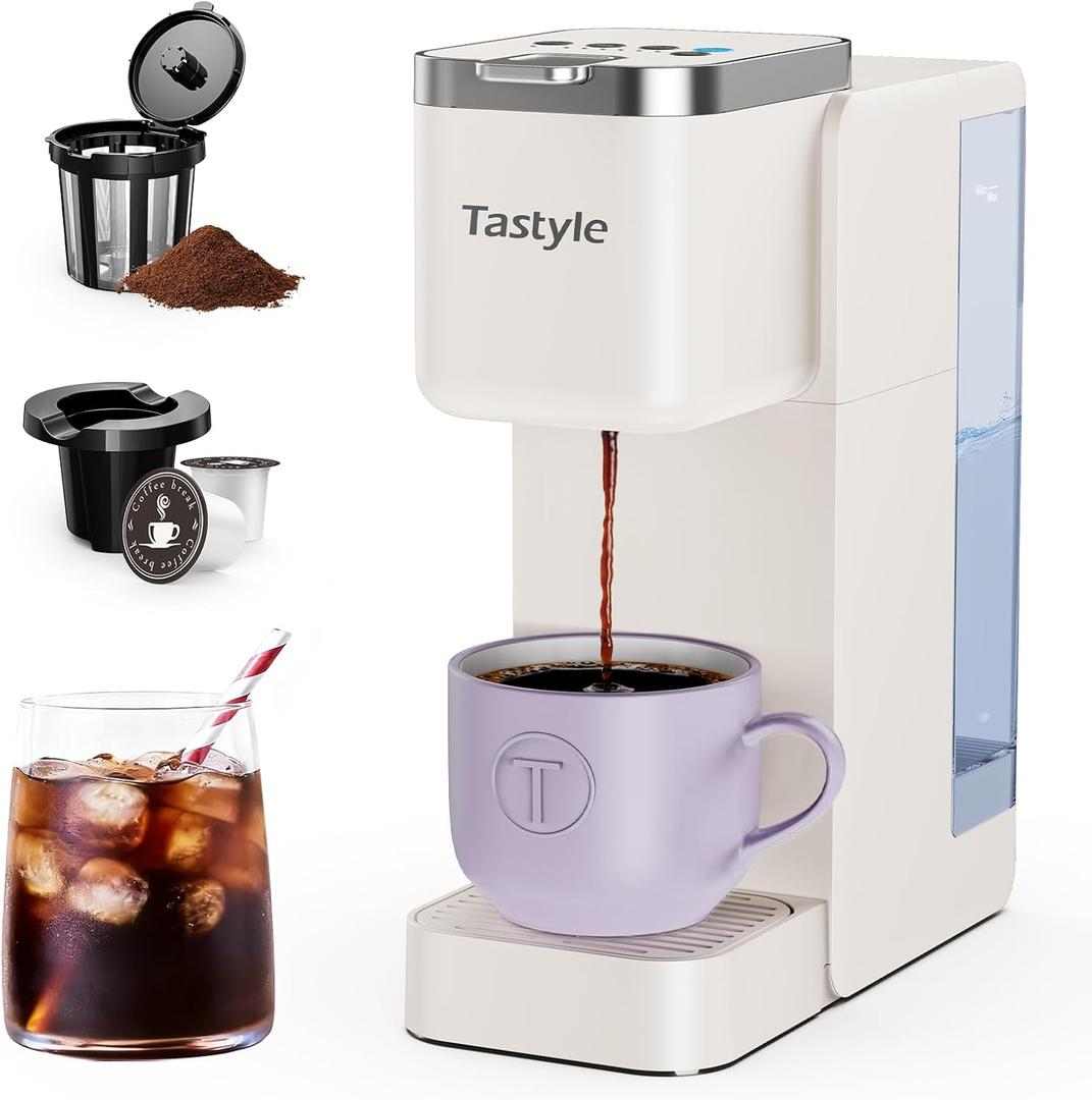 Tastyle Single Serve Coffee Maker, Iced and Hot Coffee Machine for K Cup & Grounds, Compact Design, 40oz Removable Water Reservoir, 6 to 24 Oz Brew Sizes, Fits 7.3" Travel Mug, Beige