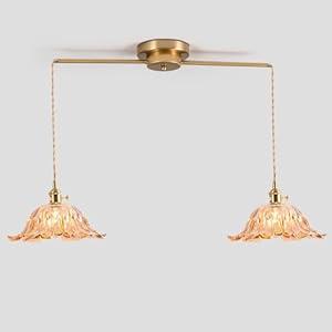 2-Lights Brass Vintage Pendant Light Fixtures, Modern Chandelier Pendant Light with Amber Flower Glass Lmapshade, Adjustable Hanging Lights for Kitchen Island Dining Room Hallway, E26, (Amber)
