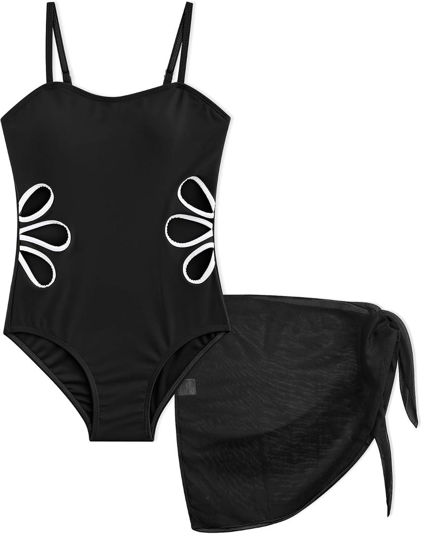 Girls Swimsuit Cut Out Petal One Piece Bathing Suit Adjustable Straps Quick Dry Swimwear with Cover Up Skirt, 13-14Y