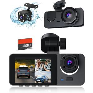 Dash Cam,4K Dash Cam Front and Rear Inside, Dash Camera for Cars, Triple Car Camera with 32GB Card,Built-in G-Sensor,Loop Recording