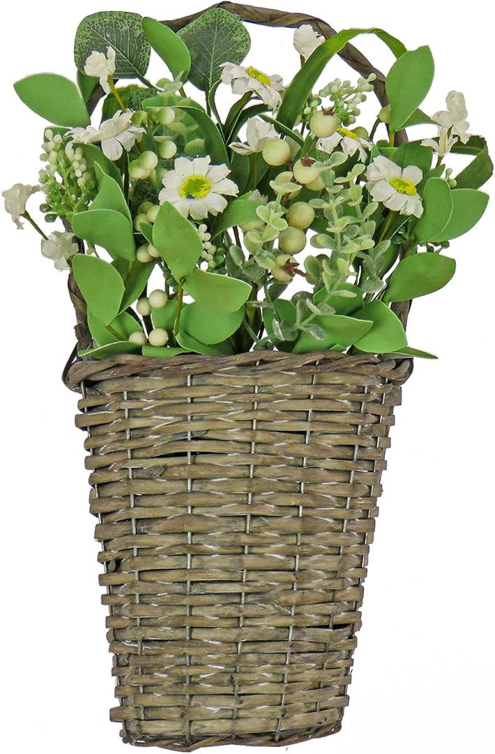 National Tree Company Artificial Hanging Wall Basket, Woven Branch Base, Decorated with Daisy Flowers, Berries, Leafy Greens, Spring Collection, 18 Inches