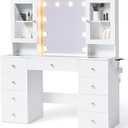 LINSY HOME Glass Top Vanity White Makeup Vanity with Mirror and Lights, 47" Make Up Vanitys Desk with Storage, 9 Drawers, 2 Cabinets and Outlet, Big Vanity Table for Bedroom, Women, Girls