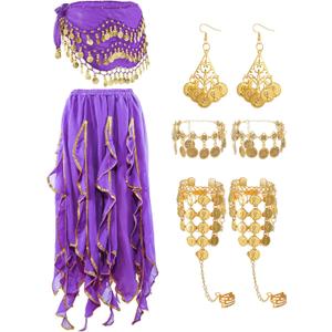 Haysandy 8 Pcs Belly Dance Outfit Sets Women,Belly Dance Skirt, Hip Scarf, 2 Bracelets, Earrings, Anklet Bracelet (Purple)