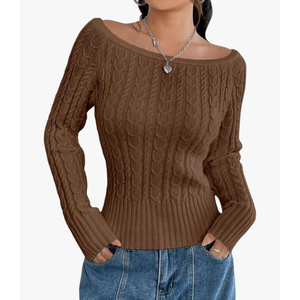 MakeMeChic Women's Off The Shoulder Sweater Cable Knit Long Sleeve Ribbed Fall Going Out Tops Sweater Pullover S