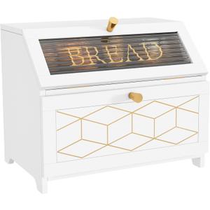 Double Layer Bread Box With Golden Trim for Countertop, Wooden Bread Container for Kitchen Counter, Corner Bread Storage (White)