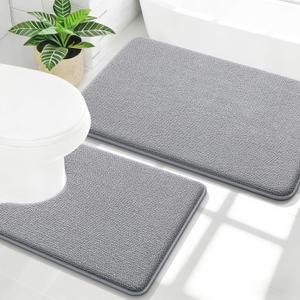 OLANLY Bathroom Rugs Sets 2 Piece, Soft Absorbent Memory Foam Bath Mats and U-Shaped Toilet Rug Set, Machine Washable Bath Mats for Bathroom, Home Decor Accessories (30"x20"+24"x20", Grey)