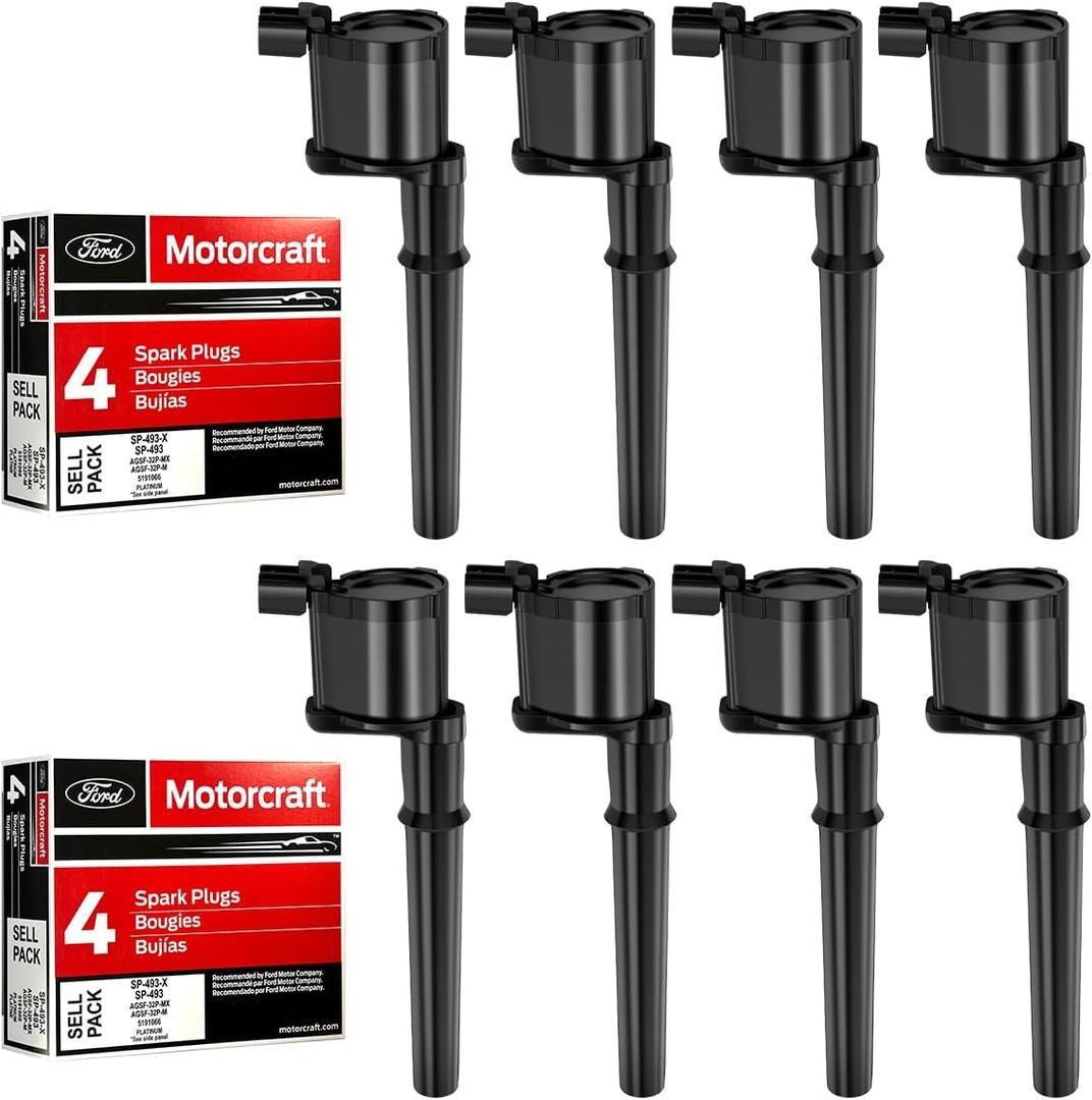 MAS Set of 8 Ignition Coils Pack + 8pcs Motorcraft Platinum Spark Plug SP493 Compatible with Lincoln Navigator Blackwood Mark VIII Ford Mustang Replacement for DG543 UF191 DG492 DG512