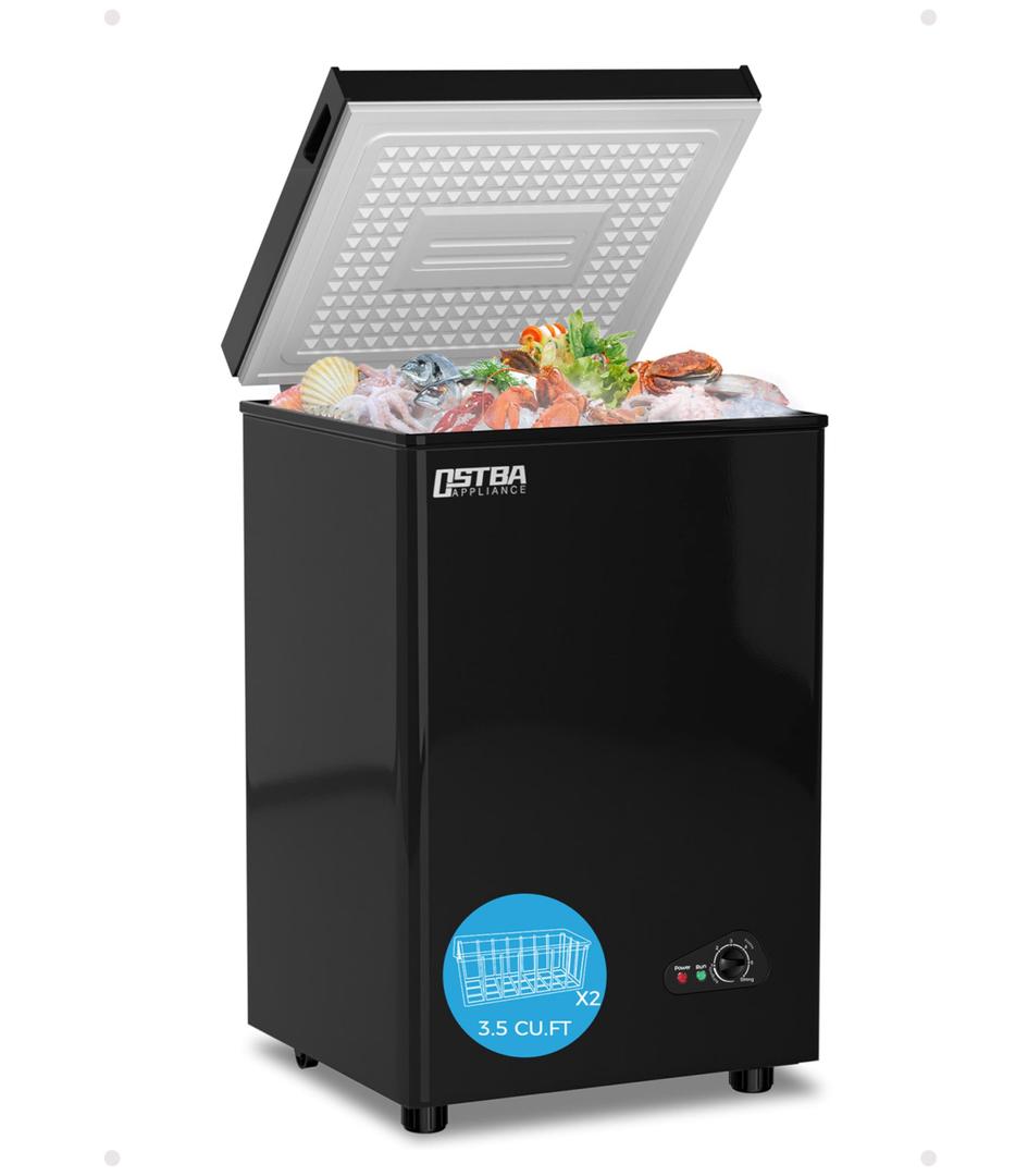 OSTBA 3.5 Cu.Ft Chest Freezer, Compact Deep Freezer with 2 Removable Baskets, Bottom Wheels, 6-Level Temperature Control with Fast Freeze Mode, Energy Saving Quiet Freezer, Silver