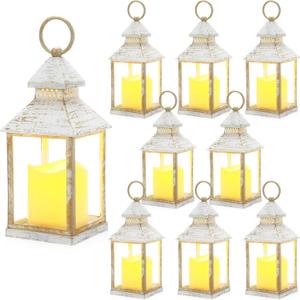 Sumind 8 Pack 9" Decorative Candle Lantern with Flameless Candle Wood Grain Lantern Hanging Vintage Rustic Farmhouse Decor Wedding Decoration Table Centerpiece for Indoor Outdoor Party(White)